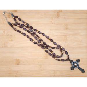 Vintage Double Strand Crucifix Cross Pendant on Natural Red Jasper Bead Necklace